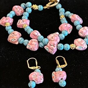 Pink and Blue bunny bead bracelet and earrings set cute rabbit design GUC